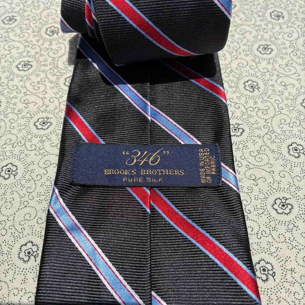Brooks Brothers 346 Mens Silk Tie Black Red Blue Striped Repp Necktie USA Made